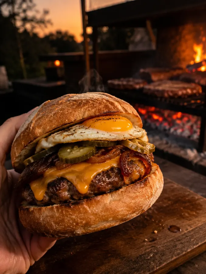 Hamburguesa a la parrilla con cheddar, huevo y pepinillos frente a la parrilla encendida